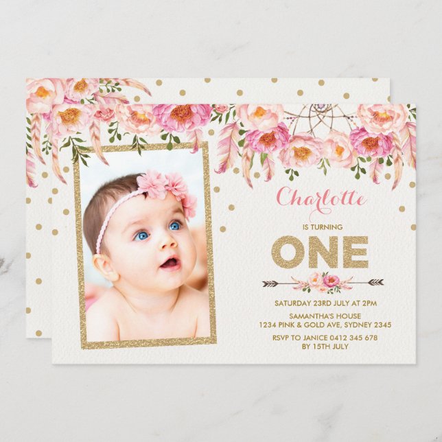 Pink Gold Boho Floral First 1st Birthday Invite (Front/Back)