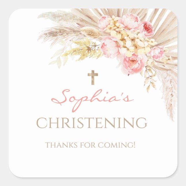 Pink Gold Boho Girl Christening Stickers (Front)