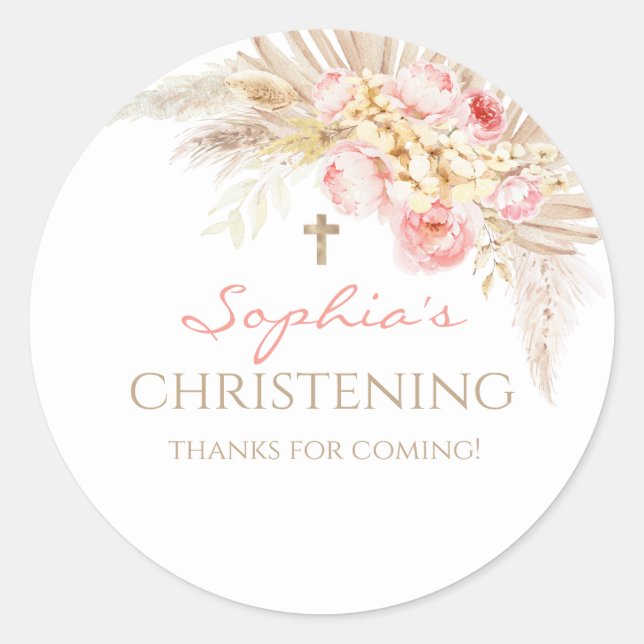 Pink Gold Boho Girl Christening Stickers (Front)