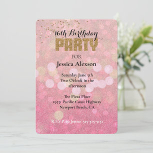 Pink Gold Bokeh Glitter Birthday Invitation