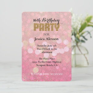 Pink Gold Bokeh Glitter Birthday Invitation