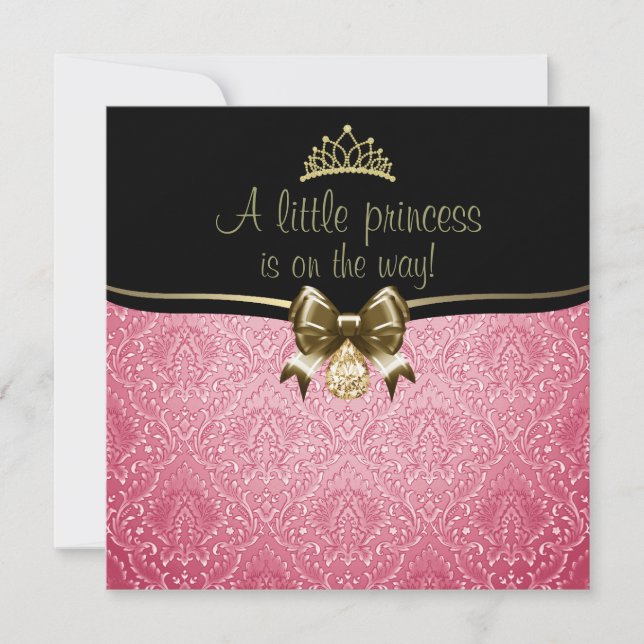 Pink & Gold Bow/Damask Baby Shower Invitation (Front)