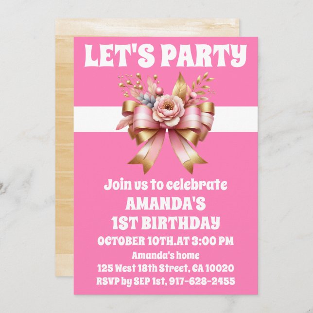 Pink Gold Bow First Birthday Invitation (Front/Back)