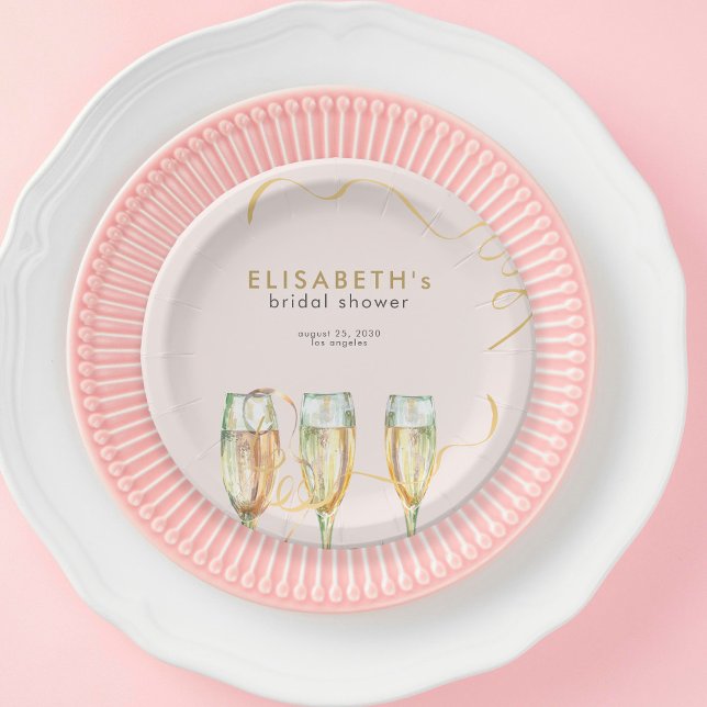 Pink gold brunch and bubbly bridal shower paper plate (Creator Uploaded)