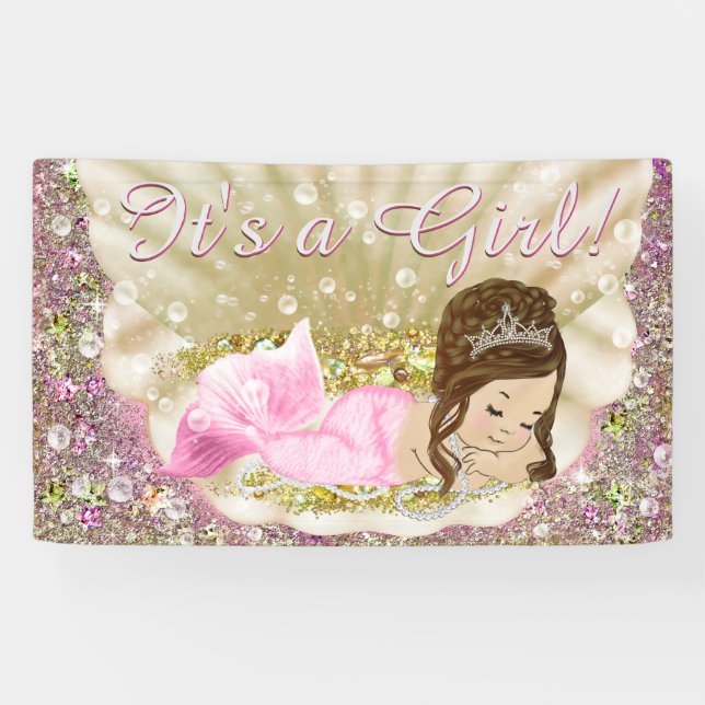 Pink Gold Brunette Mermaid Baby Shower Banner (Horizontal)