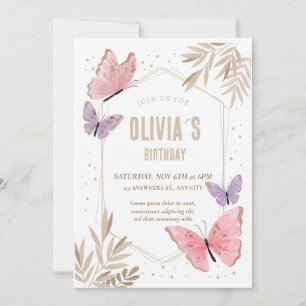 Pink, gold  Butterflies Cute Birthday Invitation