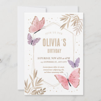 Pink, gold  Butterflies Cute Birthday Invitation