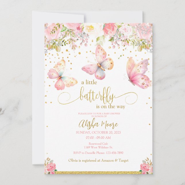 Pink Gold butterfly baby shower invitation (Front)