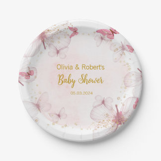 Pink Gold Butterfly Baby Shower Paper Plate