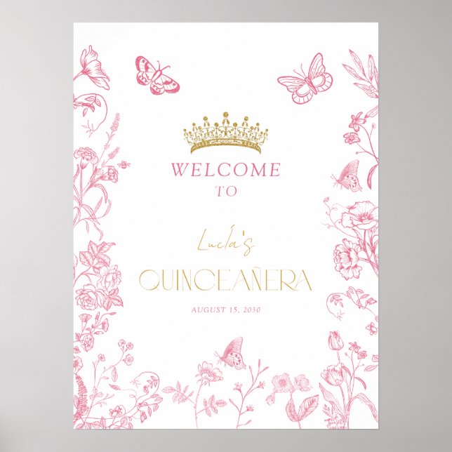 Pink Gold Butterfly Quinceañera Welcome Poster (Front)