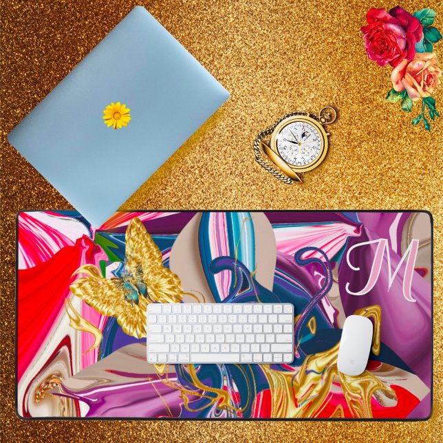 Pink Gold Butterfly Swirl Monogram Liquid Abstract Desk Mat (Creator Uploaded)
