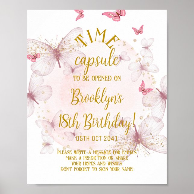 Pink & Gold Butterfly Time Capsule Sign (Front)