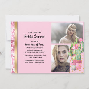 Pink gold cactus succulent two colour photo girly  invitation