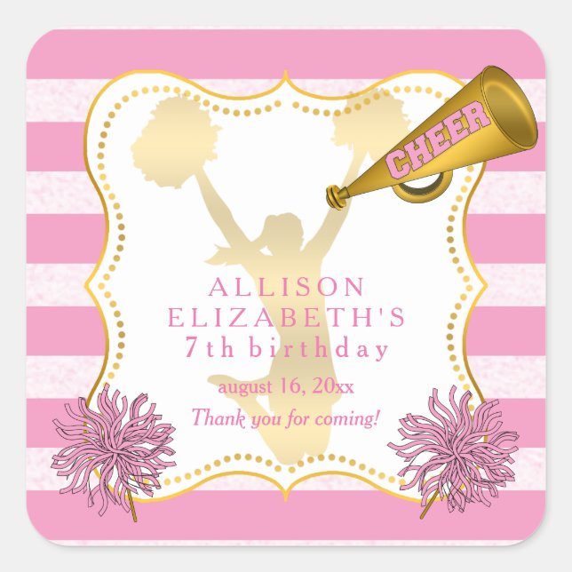 Pink | Gold Cheer Cheerleader Girl Birthday Party Square Sticker (Front)
