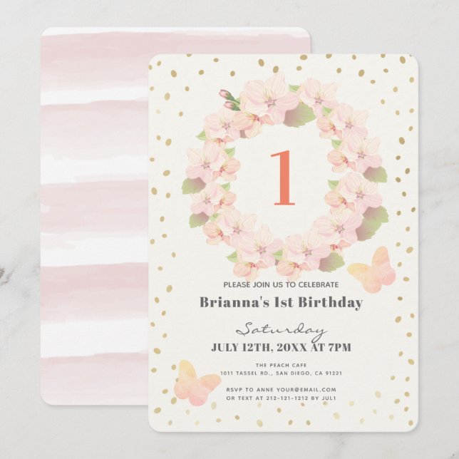 Pink & Gold Cherry Blossom Girl 1st Birthday Invitation (Front/Back)
