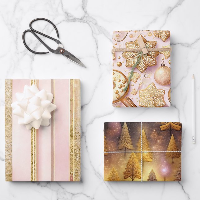 Pink Gold Christmas Patterns #12#24#27 ID1009 Wrapping Paper Sheet (Front)