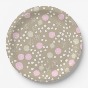 Pink & Gold Christmas Snow Pattern Paper Plates