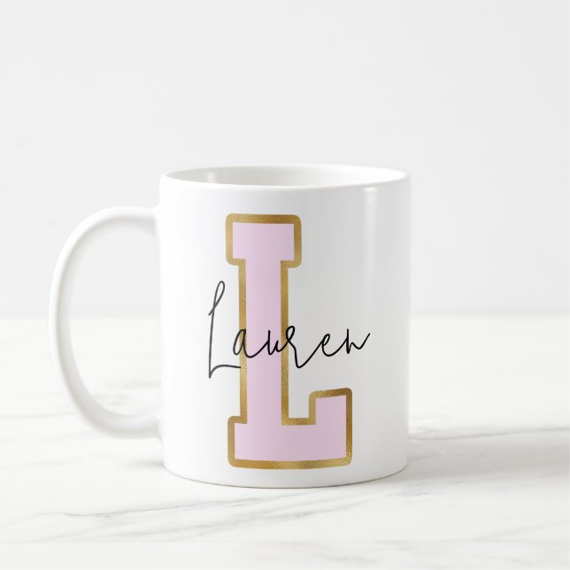 Pink Gold College Varsity Letter Monogram L Coffee Mug (Left)