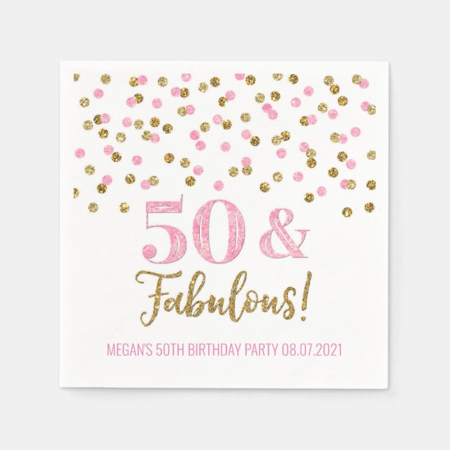 Pink Gold Confetti 50 & Fabulous Birthday Napkin (Front)