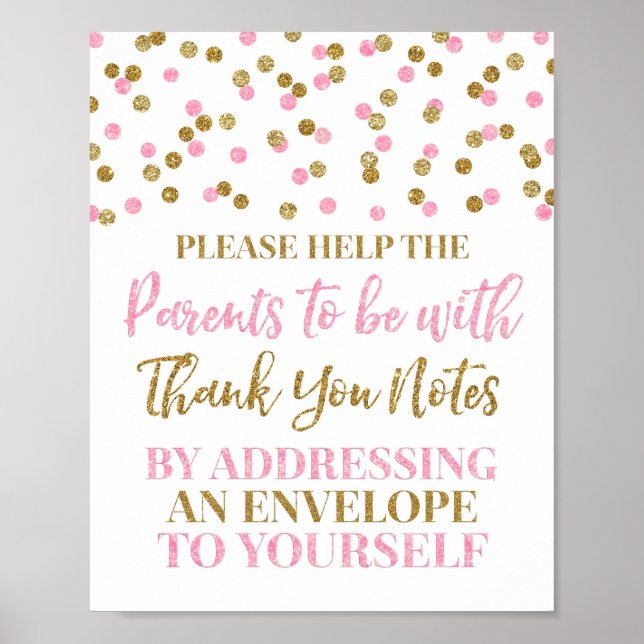 Pink Gold Confetti Address an Envelope Baby Shower Poster (Front)