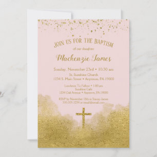 Pink Gold Confetti Baptême Invitation Girl