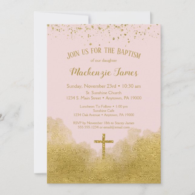 Pink Gold Confetti Baptism Invitation Girl (Front)