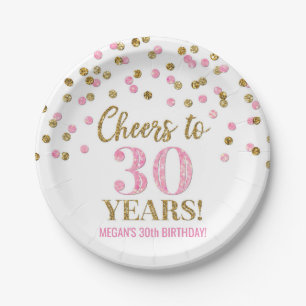 Pink Gold Confetti Cheers to 30 Years Birthday Paper Plate