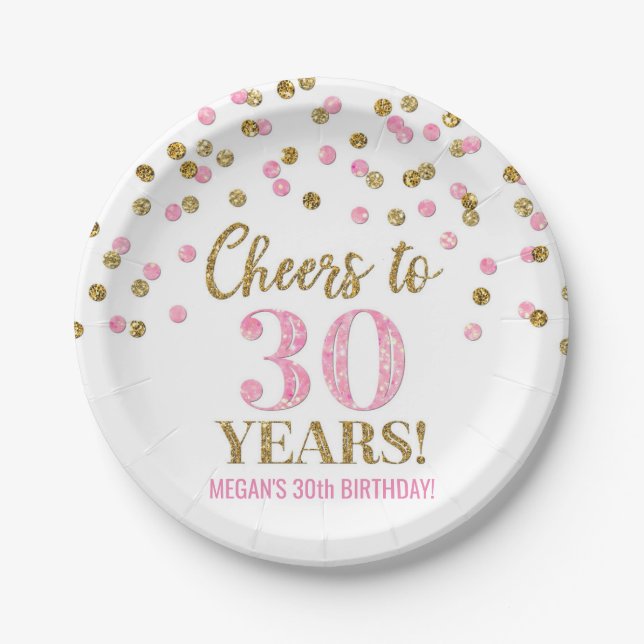 Pink Gold Confetti Cheers to 30 Years Birthday Paper Plate (Front)