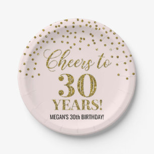 Pink Gold Confetti Cheers to 30 Years Birthday Paper Plate