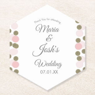Pink Gold Confetti Dots Border Wedding Paper Coaster