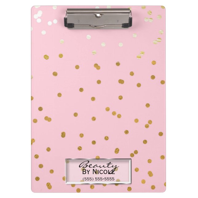 Pink Gold Confetti Dots Elegant Glam Personalized Clipboard (Front)