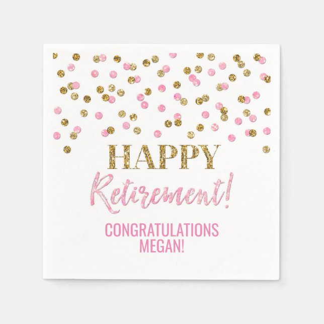 Pink Gold Confetti Happy Retirement Napkin (Front)