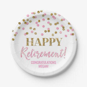 Pink Gold Confetti Happy Retirement Paper Plate