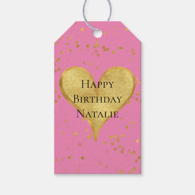 Pink Gold Confetti Heart Gift Tags (Front)