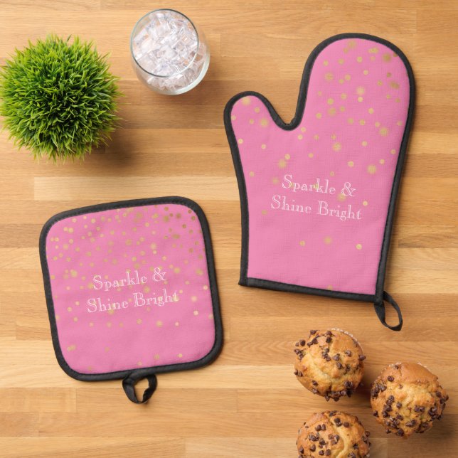 Pink Gold Confetti Oven Mitt & Pot Holder Set (Top Down)