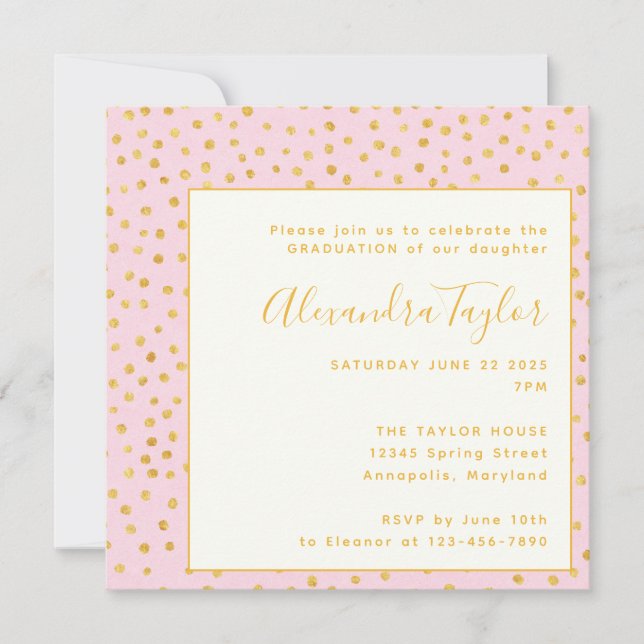 Pink Gold Confetti Polka Dots Graduation Party Invitation (Front)
