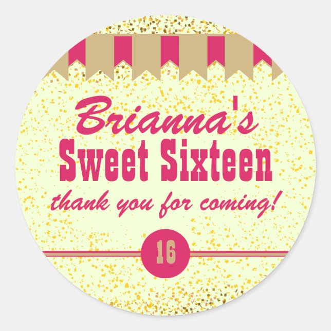 Pink & Gold Confetti Sweet 16 Party Stickers (Front)