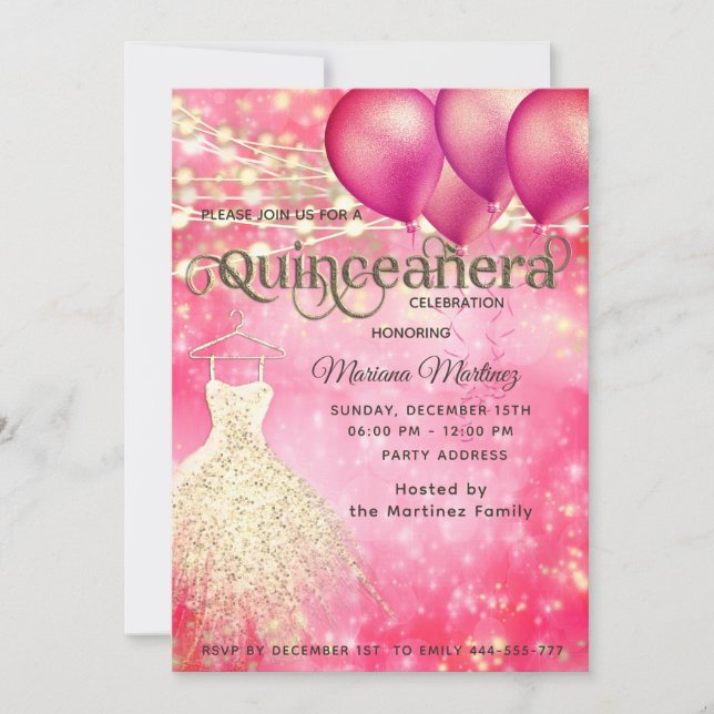 Pink gold Cool glitter  String lights balloon Invitation (Front)