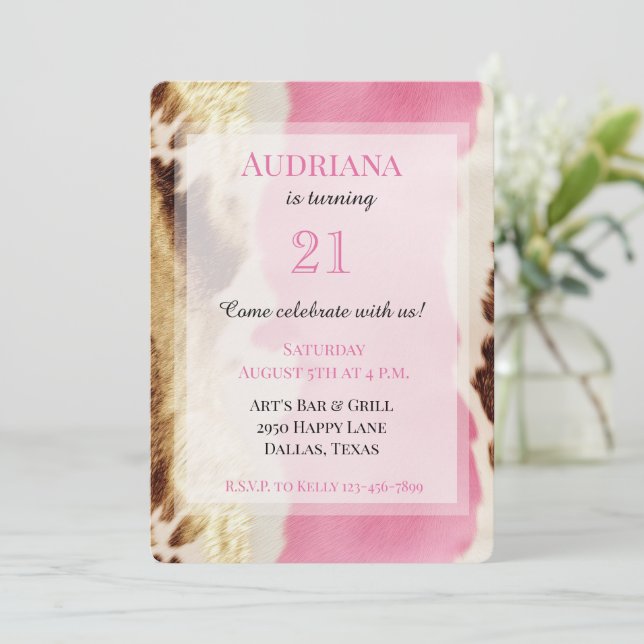 Pink Gold Cream Cowgirl Cowhide Birthday Invitation (Standing Front)