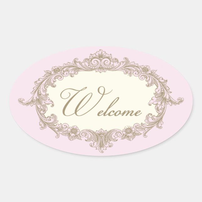 Pink Gold Cream Vintage Wedding Welcome Oval Sticker (Front)