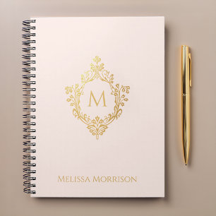 Pink Gold Crest Monogram and Name Vintage Elegant Notebook