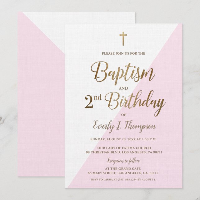 Pink Gold Cross Baptism 2nd Birthday Invitation (Front/Back)