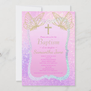 Pink Gold Cross Butterfly Religious Baptism Invitation