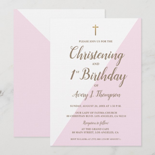 Pink Gold Cross Christening 1st Birthday Combined  Invitation (Front/Back)