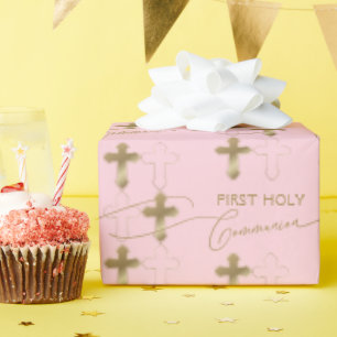 Pink Gold Cross First Holy Communion  Wrapping Paper