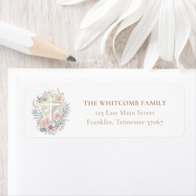 Pink Gold Cross Floral Aquarelle Baptism Adresse (En situation)