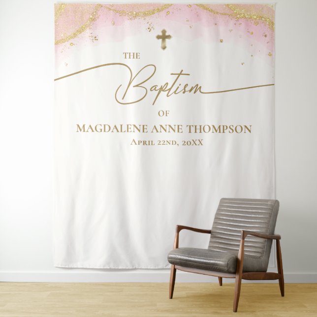 Pink Gold Cross Girl Baptism Tapestry (In Situ)