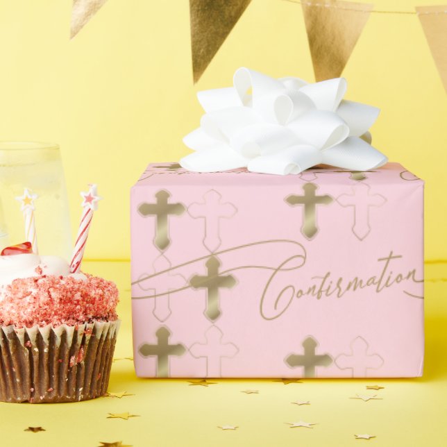Pink Gold Cross Script Confirmation Wrapping Paper (Birthday Party)