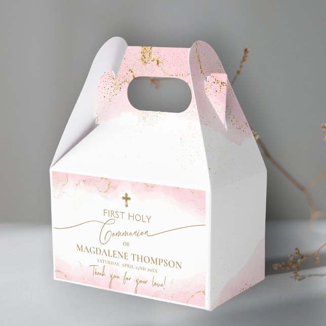 Pink Gold Cross Thank You Girl First Communion Favor Box (Creator Uploaded)