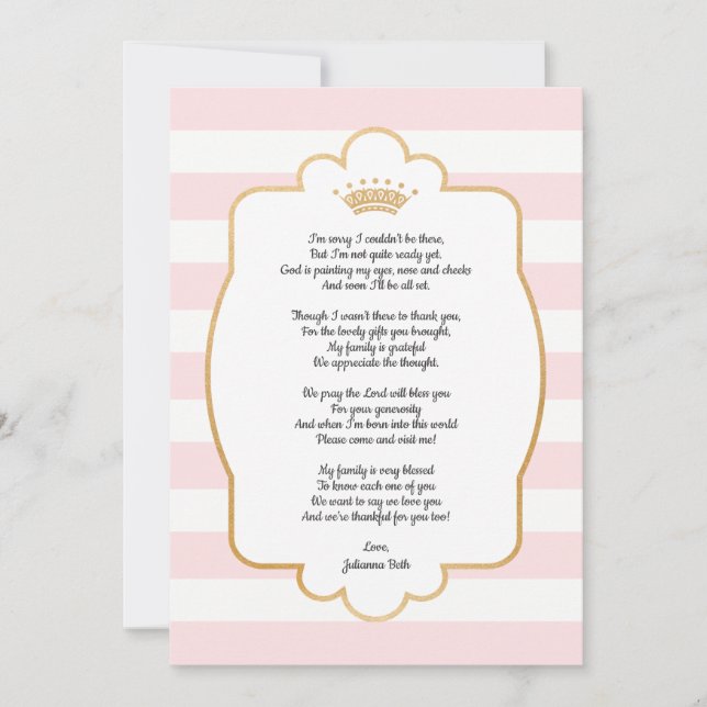 Pink Gold Crown Baby Shower Thank you note + poem (Front)